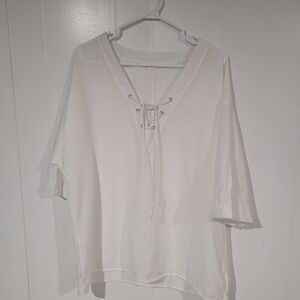 Womwn's White Lace-Up Short Sleeve Tunic Blouse